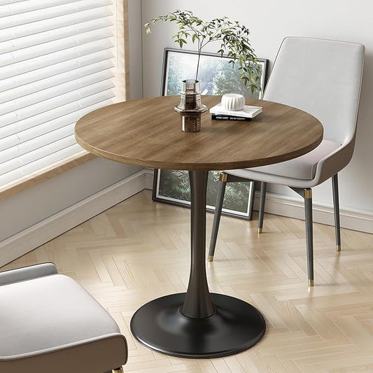 Round Dining Table 31.5" Circle Tulip Table with Wood Thickened Tabletop & Sturdy Metal Pedestal Mid Century Modern Farmhouse Kitchen Tables for 4 Small Places Living Room Cafe,Somber Walnut