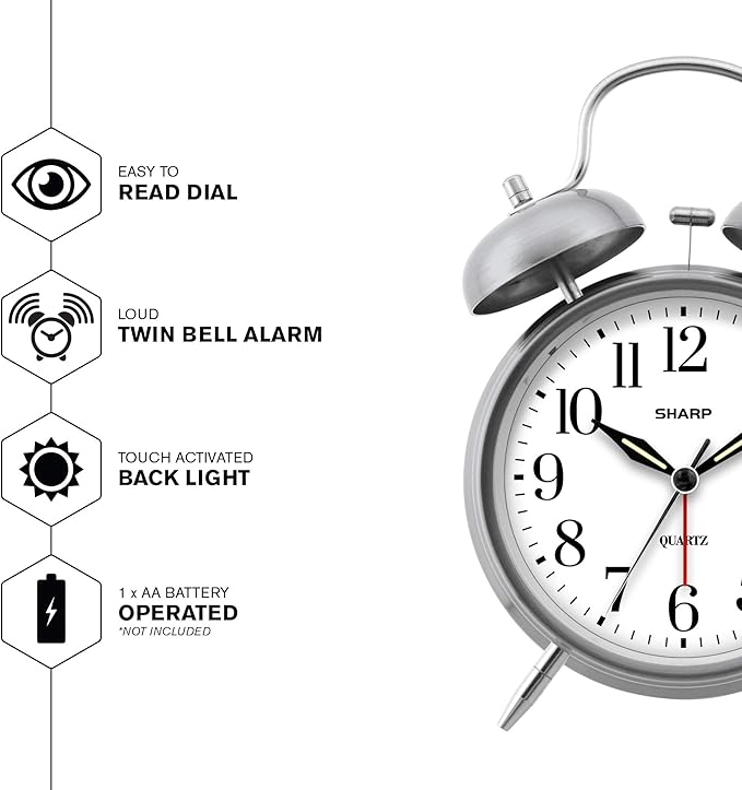 Sharp Twin Bell Alarm Clock - Loud Alarm - Great for Heavy Sleepers - Battery Operated Quartz Analog … (Brushed Silver)