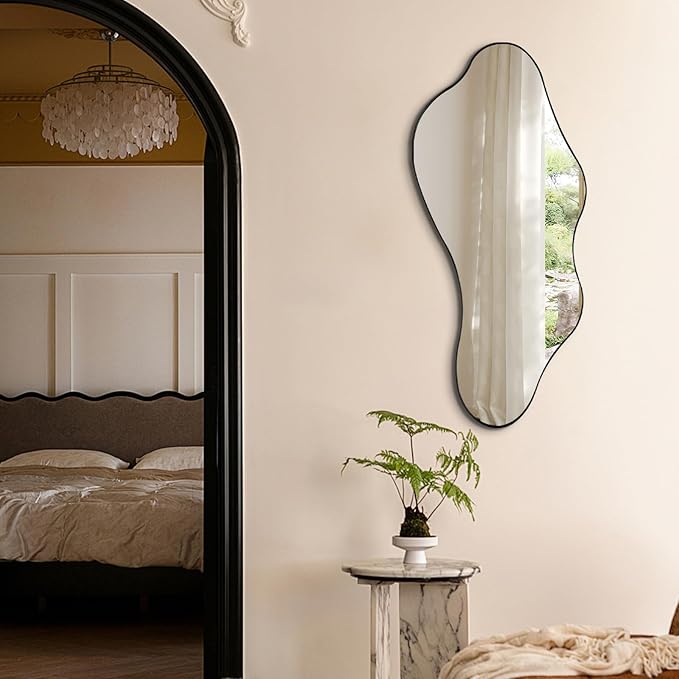 Irregular Wall Mirror, 40"x18" Asymmetrical Bathroom Mirrors with Metal Frame, Odd Shaped Mirror Decorative, Modern Abstract Mirrors for Living Room Bedroom Hallway Entryway Fireplace
