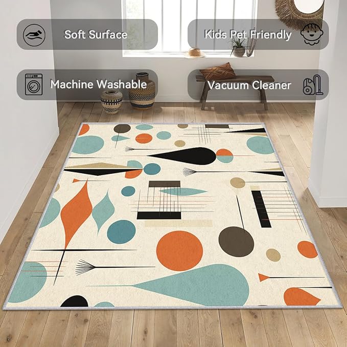 Mid Century Rugs for Living Room 4x6, Retro 50s Geometric Abstract Modern Pattern Design Area Rug, Mid Century Bedroom Decor Carpet, Non Slip, Washable (RG662)