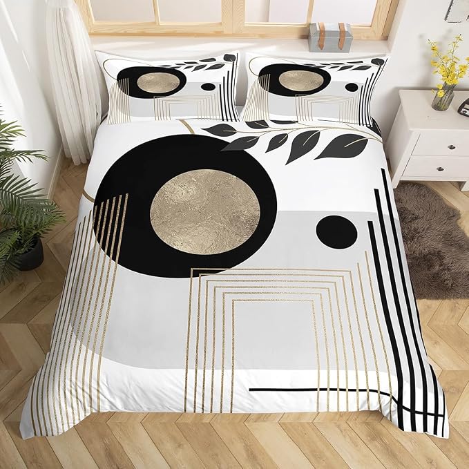 Erosebridal Black and White Abstract Boho Queen Comforter Cover Minimalist Aesthetic Neutral Duvet Cover Mid Century Modern Bed Set Botanical Leaves Geometric Bedding Set