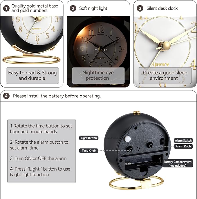 rjuwurv Metal Desk Alarm Clock, Retro Bedroom Table Vintage Analog Silent Non-Ticking Gold Alarm Clock, Bedside Decor(Black)