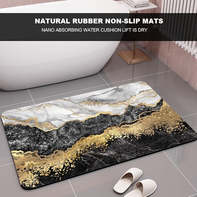 Diatomaceous Earth Bath Mat,Black White Gray Gold Marble Non-Slip Volume Super Absorbent Fast Drying for Bathroom Kitchen Door mat,Eco-Friendly Easy to Clean 20×31Inch (50 * 80cm)
