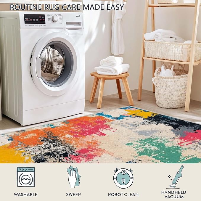 9x12 Colorful Area Rug Modern Abstract Beige Orange Yellow Pink Blue Black White Grey Rug Bedroom Low Pile Thin Large Carpet Living Room Non Slip Dining Room Stain Resistant Office Washable Machine