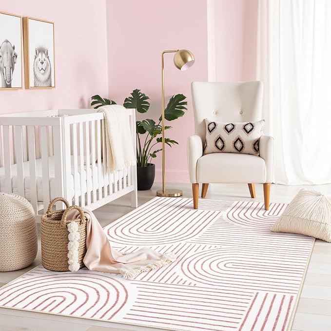Lahome Abstract Washable Rugs, 4x6 Pink Rug for Bedroom Nursery Soft Non Slip Modern Living Room Rug, Ultra-Thin Non-Shedding Throw Carpet for Entryway Kitchen Office Darrell (4'x6',Pink/White)