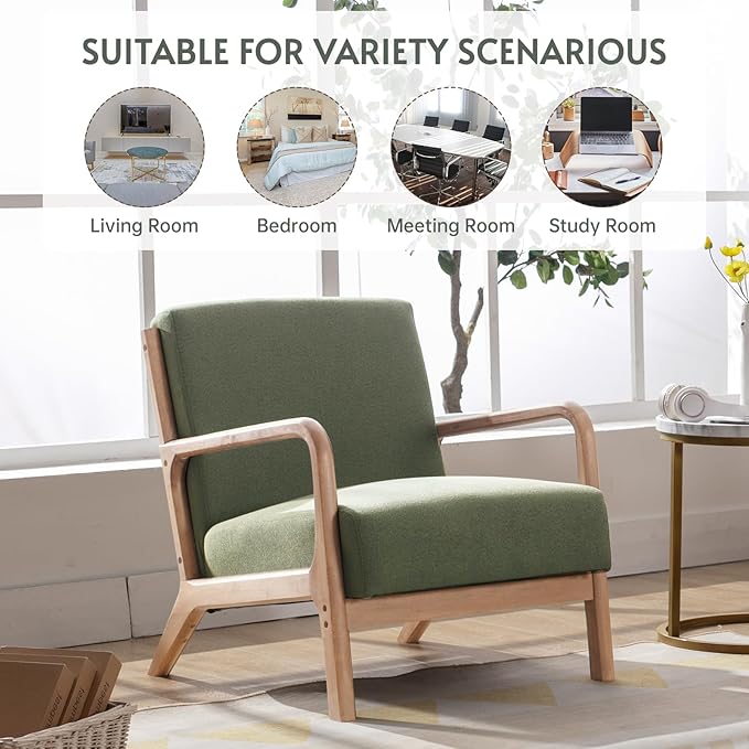 ANJ Mid Century Modern Accent Chair, Comfy Fabric Reading Chair with Solid Wood Frame, Easy Assembly Armchair for Living Room Blackish Green