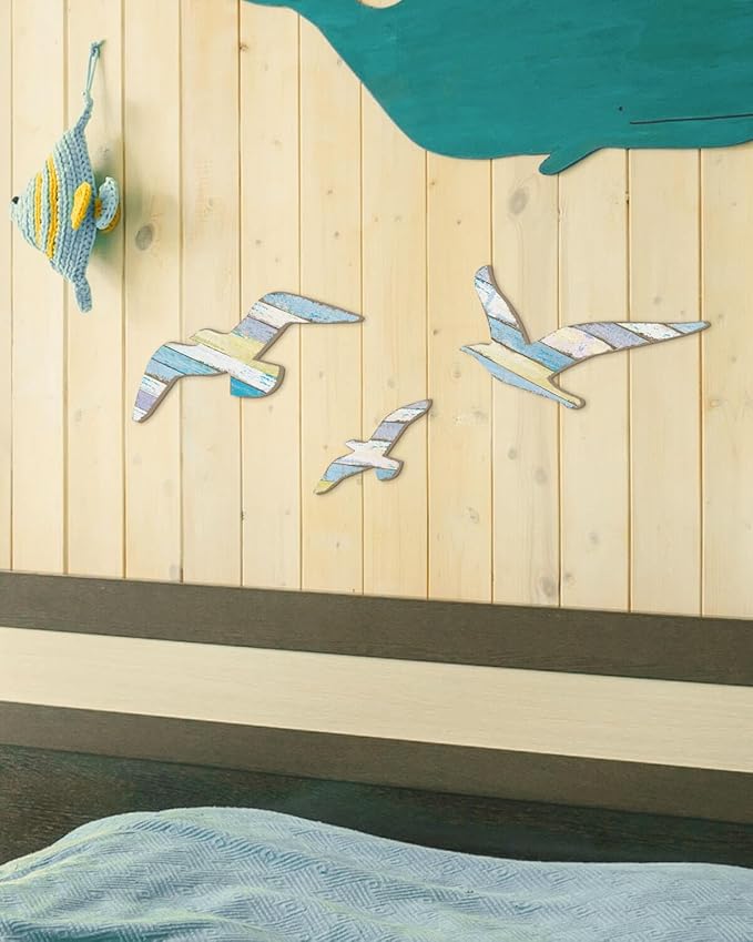 Putuo Decor 3Pcs Seagull Wall Decor, Wooden Beach Nautical Coastal Theme Wall Art Self-Adhesive Seagull Wall Sculpture, Sea Birds Lake House Ocean Decor Vintage Ornaments for Home Bathroom