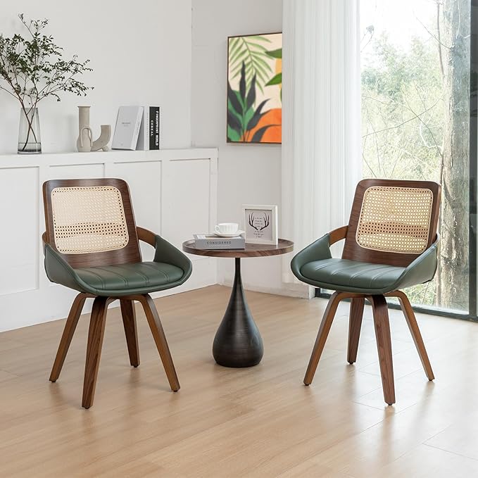 Set of 4 Green Rattan Dining Chairs - Mid Century Modern Dining Chairs with Walnut Bentwood Frame, Ergonomic Rattan Back, Curved Arms, Versatile for Living Room/Conference/Kitchen (Walnut Green)
