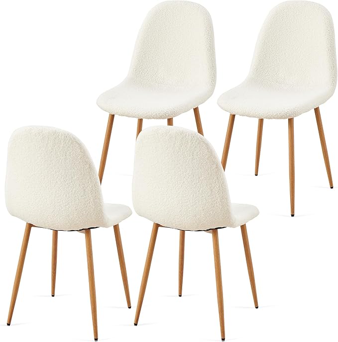 Faux Fur Dining Chairs Set of 4, Modern Upholstered Dining Room Chairs with Oak Look Foiled Steel Legs, Armless Kitchen Chairs for Living Room, White