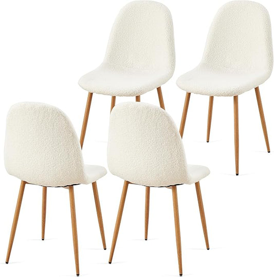 Faux Fur Dining Chairs Set of 4, Modern Upholstered Dining Room Chairs with Oak Look Foiled Steel Legs, Armless Kitchen Chairs for Living Room, White
