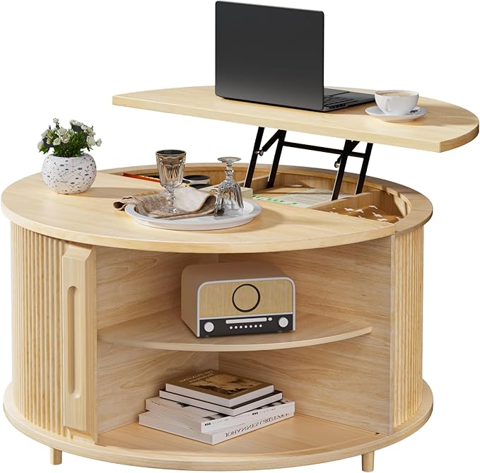 Round Lift Top Coffee Table, 31.5” Fluted Wood Lift Up Center Table with Sliding Door & Hidden Storage, Mid Century Modern Coffee Table for Living Room & Home Office (Natural)