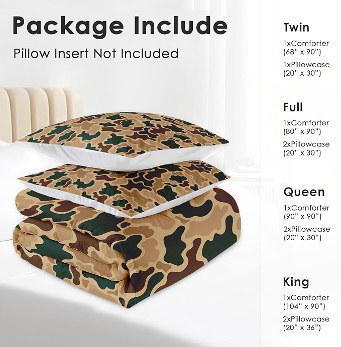 Comforter Set with 2 Pillowcases Queen Size, Brown Camouflage Camo Hunting Hunter, Bed Decor Wood Green Desert Army Military for Kids and Adults, Soft Cozy Bedroom Bedding Set