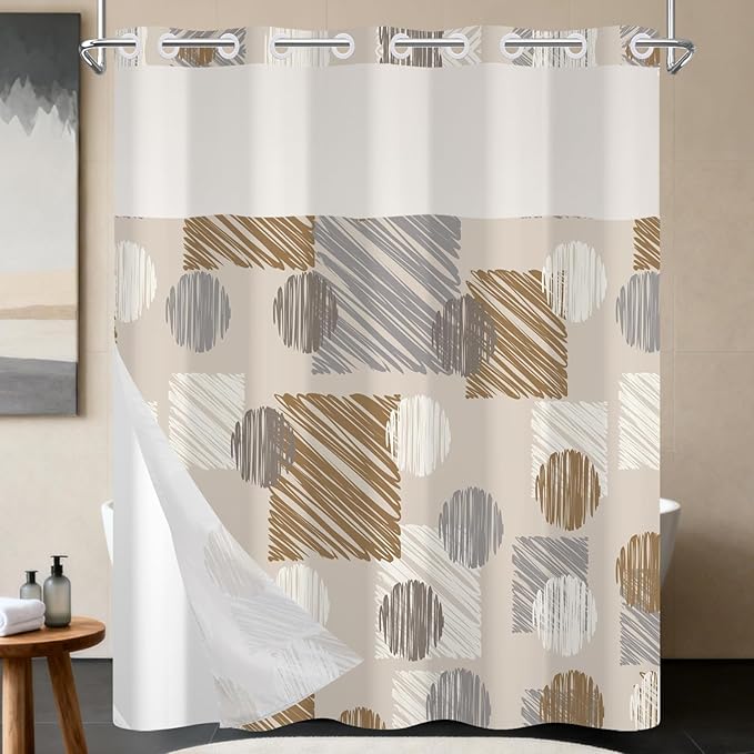 No Hook Shower Curtain with Snap in Liner - Neutral Brown Gray Waterproof Fabric Shower Curtains, Modern Abstract Bathroom Decor with See Through Mesh Top Window, 71x74 Inch