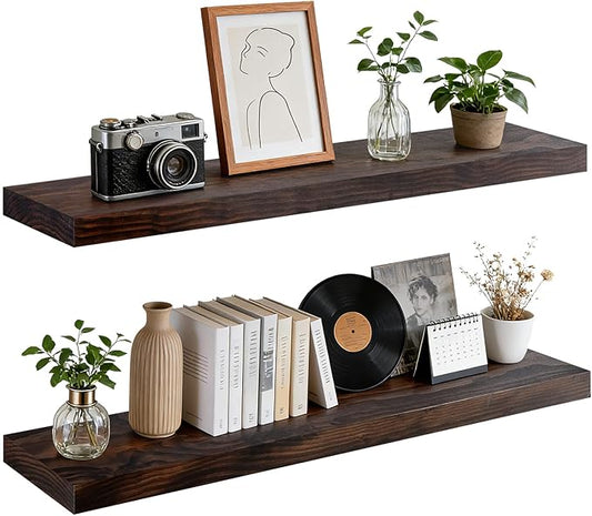Floating Wall Shelf 36x6.8x1.7 Inch – Solid Wood Shelf in Walnut Finish – Heavy Duty Wall Mounted Rustic Display Shelf for Living Room, Kitchen, Bedroom, Hallway – Set of 2