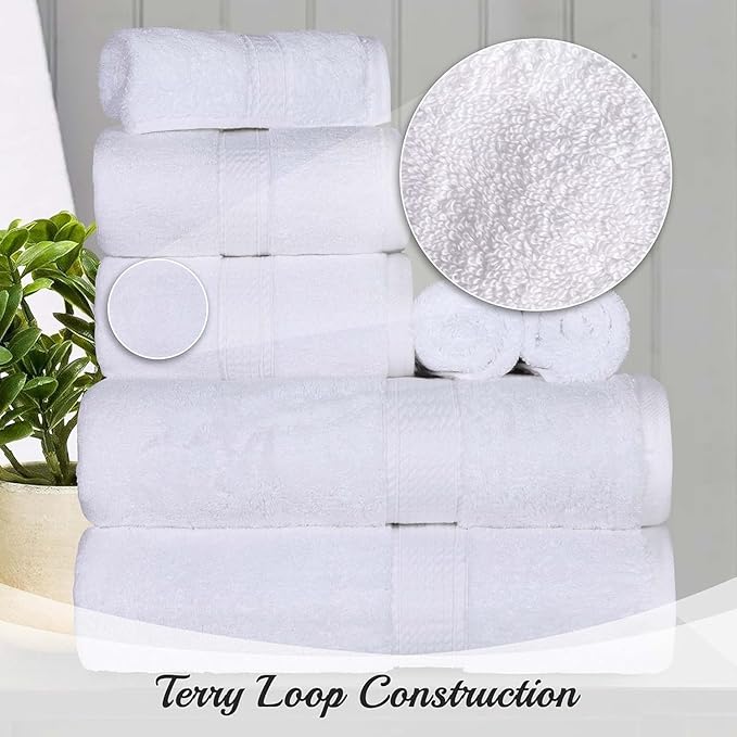 Superior Egyptian Cotton Pile 8 Piece Towel Set, Includes 2 Bath, 2 Hand, 4 Face Towels/Washcloths, Ultra Soft Luxury Towels, Thick Plush Essentials, Guest Bath, Spa, Hotel Bathroom, White