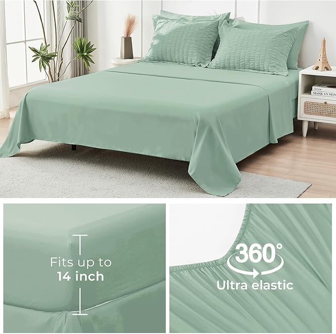 HYMOKEGE Sage Green Twin Comforter Set Seersucker 5 Pieces, All Season Luxury Bed in a Bag for Bedroom, Bedding Set with Comforters, Sheets, Pillowcase & Sham