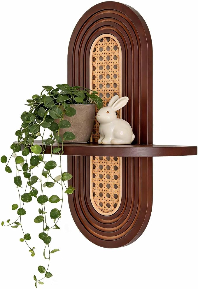1pc Mid-Century Modern Wall Shelf - Arched Wood & Woven PE Rattan Boho Decorative Floating Shelf, Vintage Aesthetic Decor for Living Room, Bedroom, Kitchen & Home Office (Walnut)