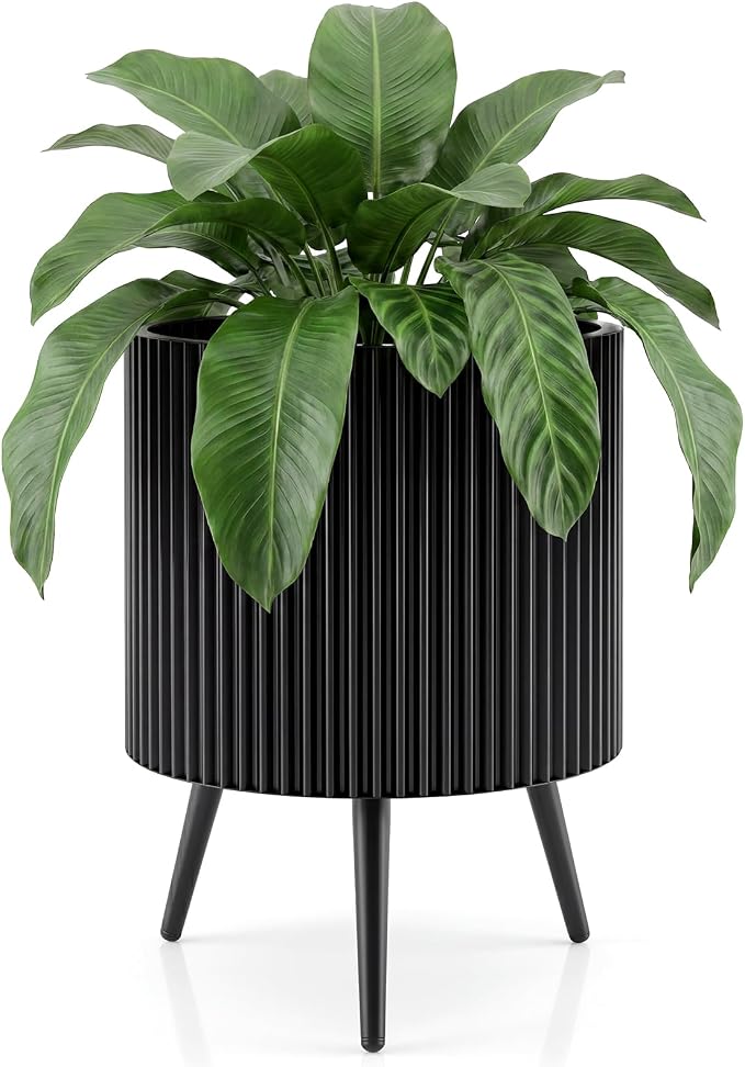 Giantex 16 Inch Plant Pot with Stand, Mid-Century Modern Fluted Planter with Built-in Drainage Holes, Metal Flower Pot with Tapered Legs for Living Room, Office, Porch, Garden