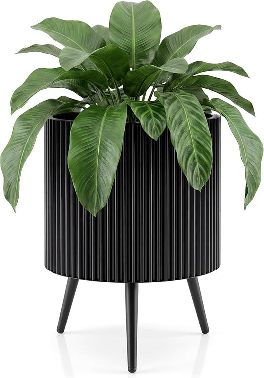 Giantex 16 Inch Plant Pot with Stand, Mid-Century Modern Fluted Planter with Built-in Drainage Holes, Metal Flower Pot with Tapered Legs for Living Room, Office, Porch, Garden