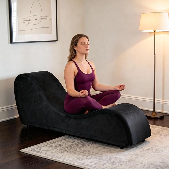Black Ergonomic Curved Chaise Lounge Chair for Relaxing, Sofa Bench with Heavy-Duty Metal Frame & Removable Velvet Cover