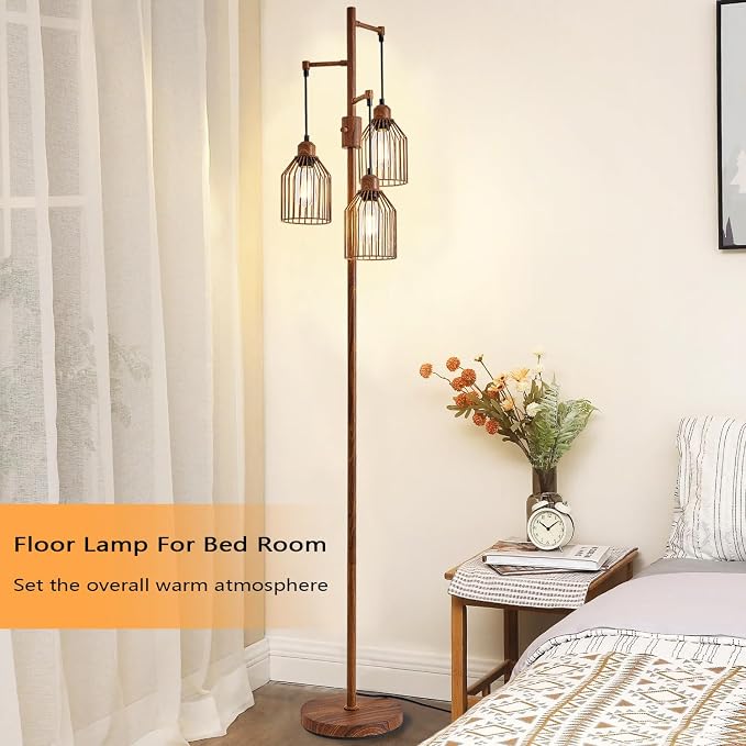 Dimmable Industrial Floor Lamp with 3 Cage Heads, Wood Grain Tree Standing Lamp with Stepless Dimming, Modern Farmhouse Tall Pole Light for Living Room, Bedroom, Office, E26 Base (Bulbs Included)
