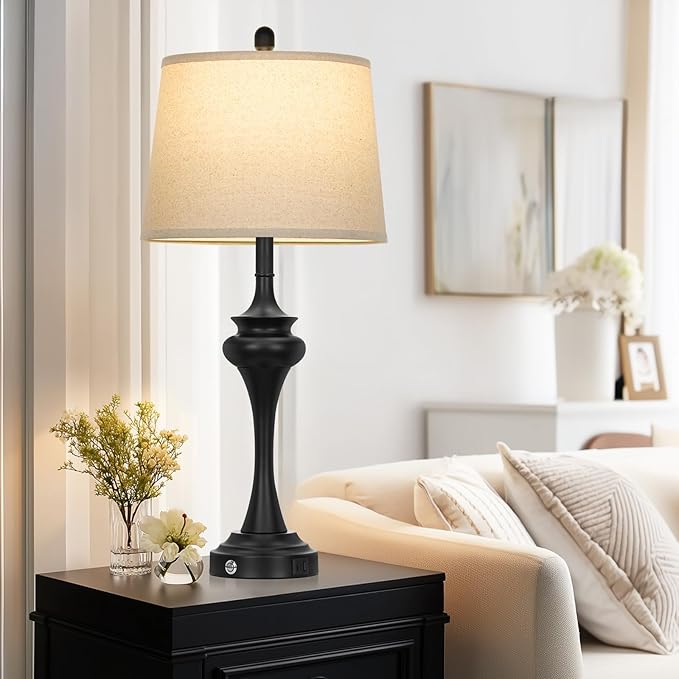 Rinweey 30" Black Tall Table Lamps for Living Room, Touch Control Bedside Lamp with USB A+C Ports, 3-Way Modern Bedroom Table Lamps Set of 2, Elegant Metal Lamp for Nightstand Desk Side Table Office