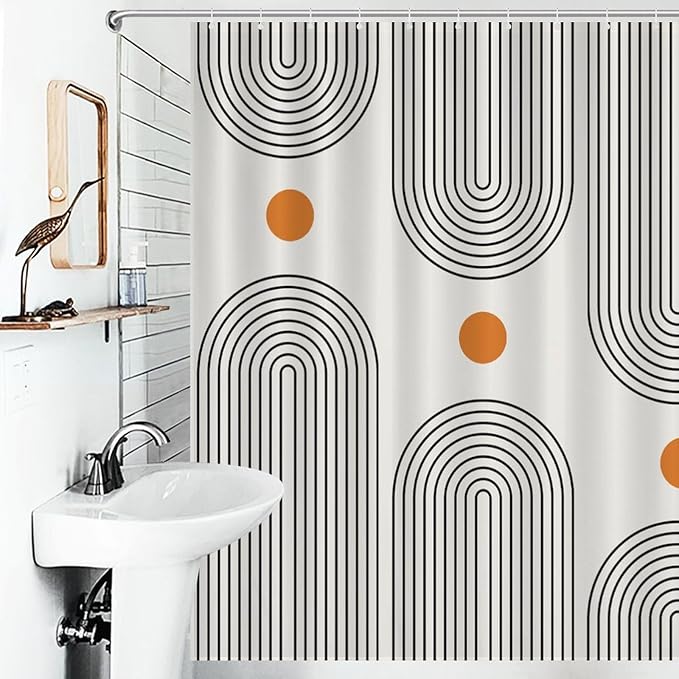 Mid Century Boho Shower Curtain for Bathroom, Retro Modern Minimalist Simple Sun Abstract Geometric Pattern 1950s 1960s Waterproof Fabric Shower Curtain Set with Hooks, 72"x78"