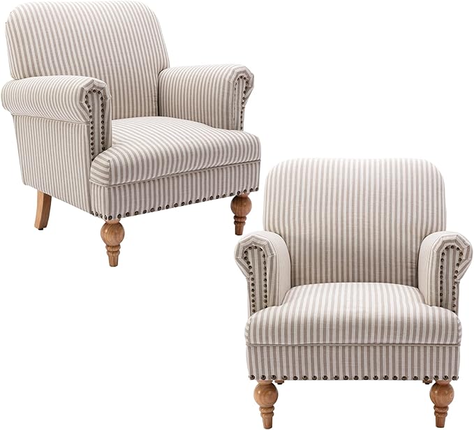 Linen Accent Chairs Set of 2 Mid-Century Modern Living Room Armchair with Nailhead Trim & Wood Legs Comfy Upholstered Single Sofa Chair for Lounge/Bedroom/Reception, Khaki Stripe