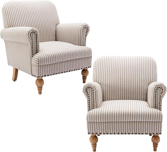 Linen Accent Chairs Set of 2 Mid-Century Modern Living Room Armchair with Nailhead Trim & Wood Legs Comfy Upholstered Single Sofa Chair for Lounge/Bedroom/Reception, Khaki Stripe