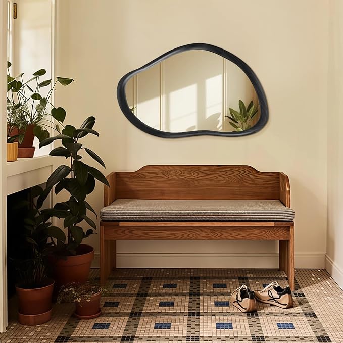 35"x24" Wood Bathroom Mirror Wall Mounted, Black Irregular Wall Mirror, Rustic Farmhouse Vanity Mirror for Bedroom Living Room Bathroom Entryway, Horizontal/Vertical