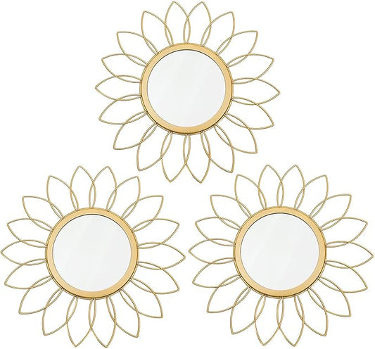 3 Pack Metal Mirrors for Wall Sunburst Wall Mirrors Home Décor Decorative Hanging Wall Art for Living Room Bedroom Entryway (Gold, Flowers)