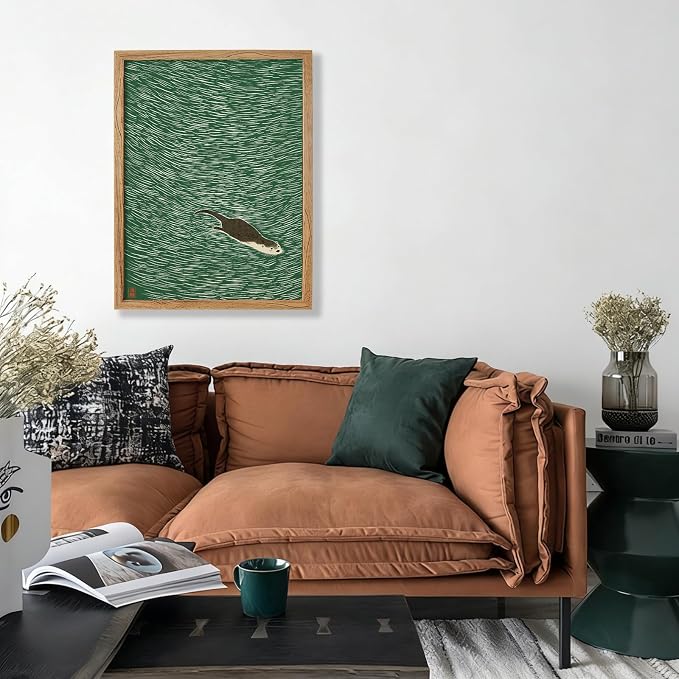 Framed Japanese Otter Swimming Poster Funny Nature Wild Animal Pictures Retro Minimal Green Water Canvas Wall Art for Living Room Bedroom Bathroom 20x30 inch