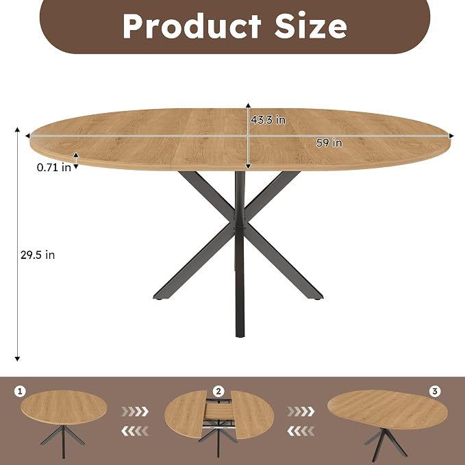 43"-59" Extendable Round Dining Table for 4-6,Mid Century Modern Wood Grain Table,Expandable Kitchen Table for Small Spaces