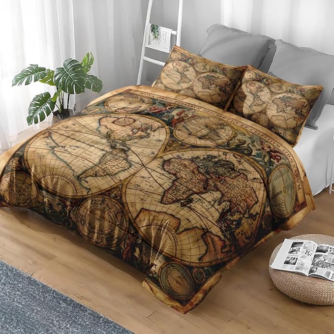 Pamnest Comforter Set Twin Size, Vintage World Map Soft 2 Pcs Bedding for Kids and Adults, Old Ancient America Comforter Set with Pillowcase for Bedroom Bed Decor