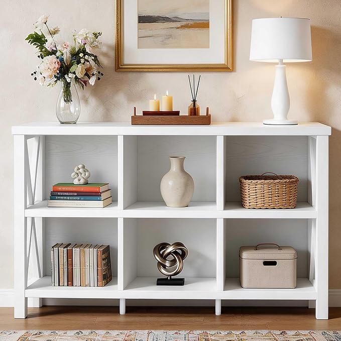 FATORRI 6 Cube Storage Organizer with Shelf, 47 Inch Long Horizontal Bookshelf, Wood and Metal Cube Bookcase, Low Book Shelf for Living Room, Home Office (White Oak)