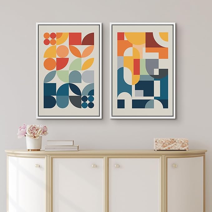 IDEA4WALL Framed Canvas Print Wall Art Set Mid-Century Modern Red & Blue Geometric Color Blocks Abstract Shapes Illustrations Modern Art Decorative Minimalist Multicolor for Bedroom - 24"x36"x2 White
