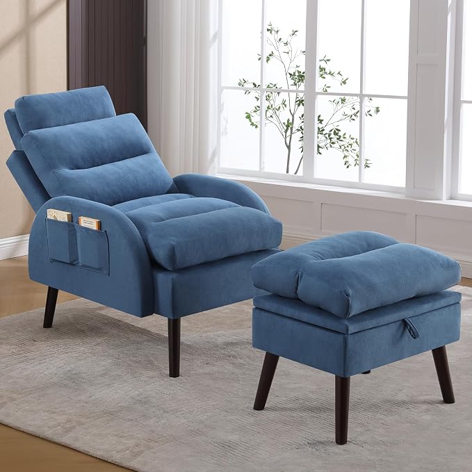 HCHAIRH Accent Chair with Ottoman, Velvet Comfy Reading Chair and Ottoman Set, Modern Oversized Velvet Lounge Sleeper Armchair with Adjustable Backrest for Living Room Bedroom, Blue