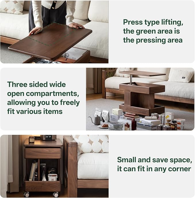 100% Solid Wood Lift Top Coffee Table with Storage, Small Coffee Table with Wheels and Rotating Desktop, Living Room Table for Bedroom, Recliner and Small Places(Walnut, No Need to Install)