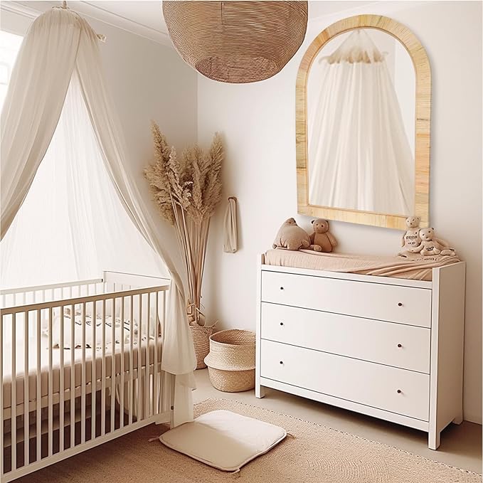 Rattan Mirror,Arch Boho Bathroom Mirror for Wall,20x30 Wicker Vanity Mirror for Nursery Décor,Coastal Farmhouse Wood Mirror for Bedroom Entryway Living Room