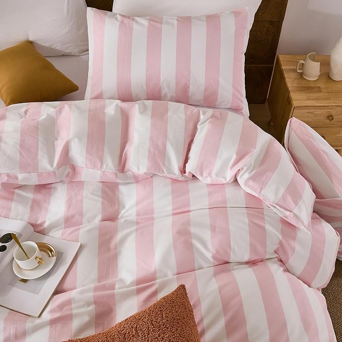 Merryword Pink and White Striped Duvet Cover Set King Size, 100% Cotton Bedding Set with Zipper Closure & 8 Corner Ties, Luxury Linen Like Bedding, Soft Breathable Comforter Cover for All Seasons