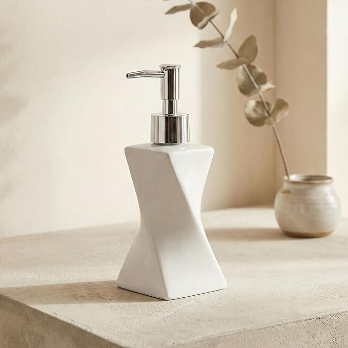 Modern White Hand Soap Dispenser with Silver Pump for Bathroom Countertop, Dish Soap Dispenser for Kitchen Sink, Contemporary Art Style, Matte Finish, 8.5oz (Arctic White)