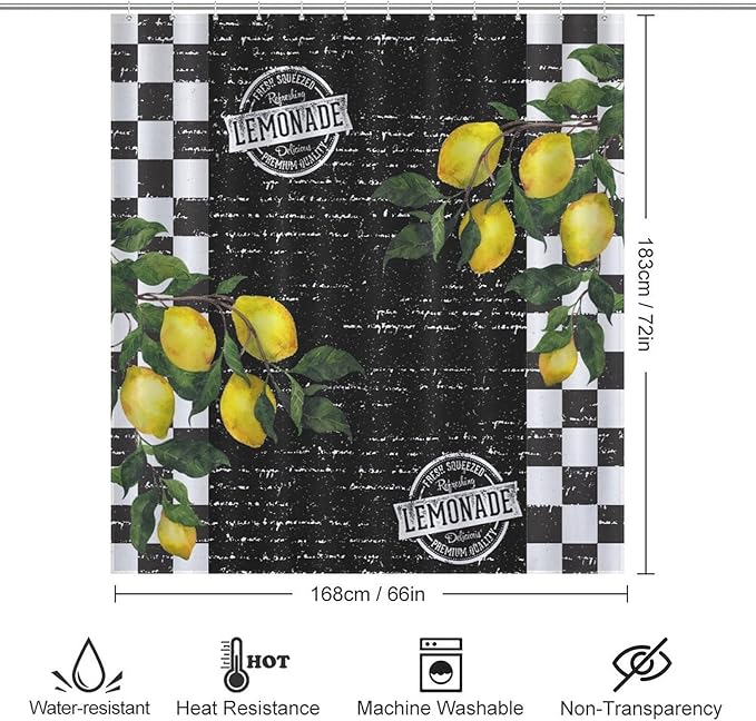 Vintage Lemon Checked Shower Curtains, Black and White Grid Summer Tropical Lemon Waterproof Shower Curtains for Bathroom Decor 12 Pack Hooks 66x72in（168x183cm）