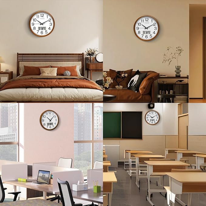 TIMESS Wall Clock, Classic Wood Style Finish, 13 Inch Non-Ticking Silent Battery Operated Quartz Analog with Perpetual Calendar and F° Temperature Display, Home, Office Décor (Chestnut Yellow)