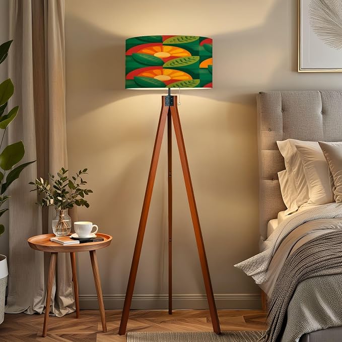 Wood Tripod Floor Lamp Fruits leaves nature Mid century modern art Abstract geometric Mid Century Standing Lamp Linen Shade Dimmable Modern Tall lamp Home Decor for Living Room Bedroom Office