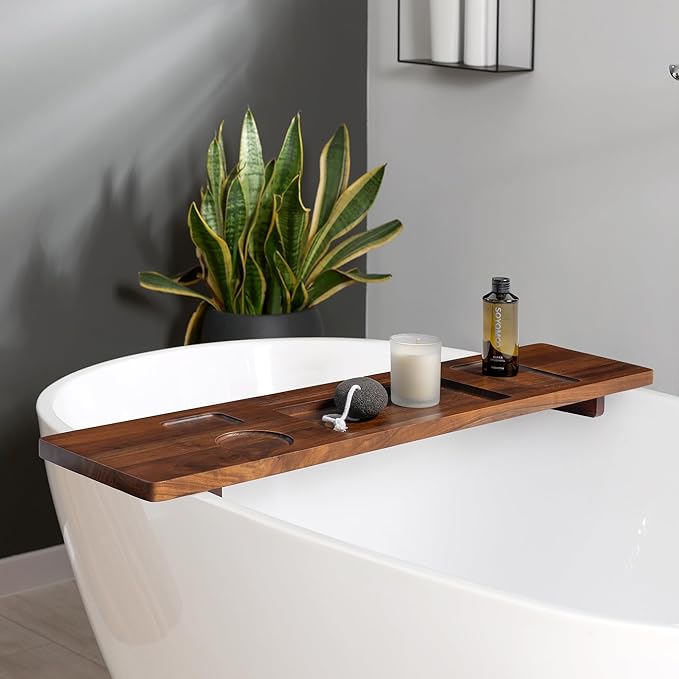 Teak Wood Bathtub Tray Caddy, 35 Inch Adjustable Bath Tub Tray for Freestanding Tubs, with Non-Slip Phone & Wine Glass Holder, Book Stand for Relaxing Bath