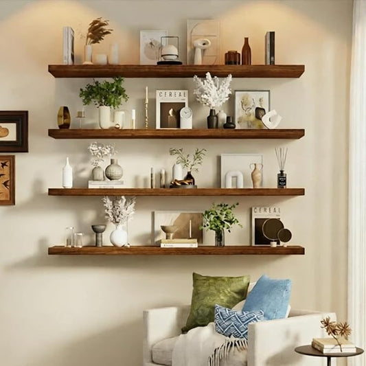 IEO Long Wooden Floating Shelves for Room Wall, Natural Wood Floating Shelves Wall Mounted Kitchen Shelf for Living Room, Bedroom, Kitchen,Bathroom, Storage (Walnut, 48in 4tier)
