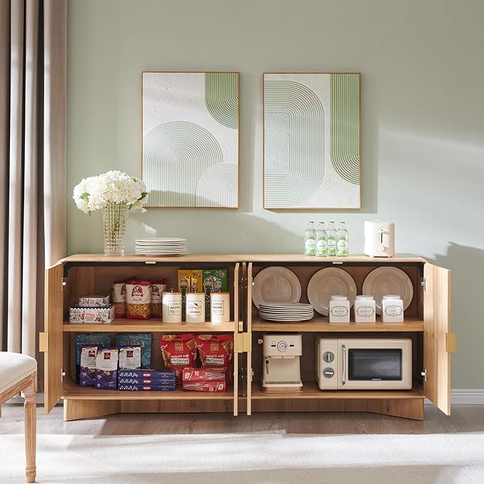 Modern Buffet Cabinet with Storage, 70" Large Sideboard Buffet Storage Cabinet with 4 Doors and Adjustable Shleves, Wooden Curved Coffee Bar for Dining Room, Kitchen, Living Room, Natural Oak