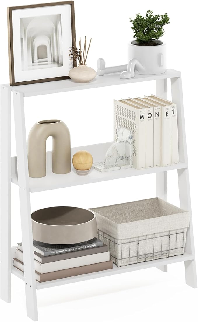 Furinno Ladder Book Shelf, 3-Tier Ladder Shelf, Open Design Bookshelf, Display Storage Bookcase, 9.3" x 23.6" x 27", Living Room, Home Office, White