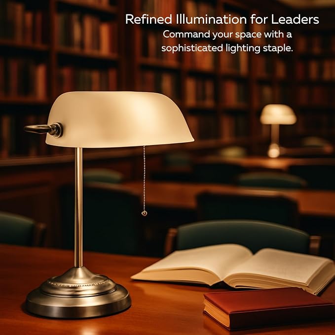 LIGHTACCENTS Bankers Desk Lamp with White Glass Shade, Nickel Finish - Traditional Desk Light for Home Office, Reading, Piano, Bedside