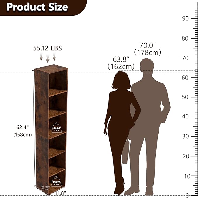 6-Tier Wooden Cube Storage Organizer, 62 Inch Tall Bookcase & Display Shelf with 6 Open Cubes, Freestanding DIY Closet Shelving Unit for Living Room Office(Retro Brown, 6 Cube-W(11.8inch)
